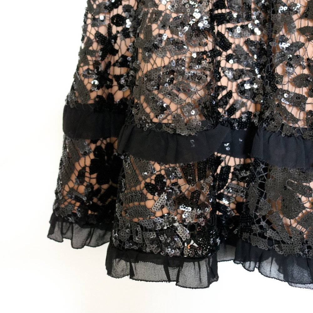 Ruffle Trimmed Sequined Lace Dress In Black - NEW - Picture 9 of 11